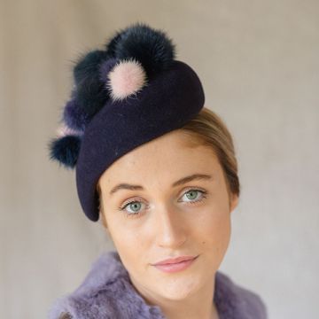 Blue Velour Percher with Mink Pom Poms