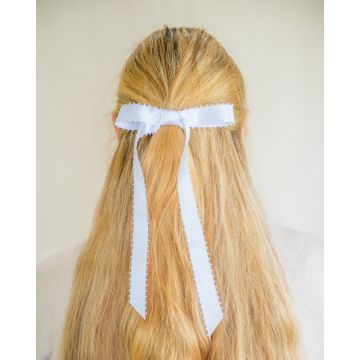 White Picot Edge Satin Hair Bow