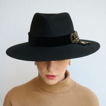 Black Felt Trilby with Beaded Embroidery