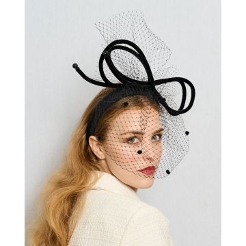 Black Piped Bow with Pom Pom Veil