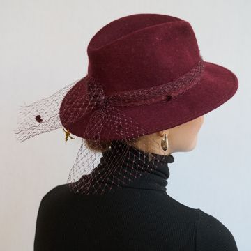 Wine Felt Hat with Veiling