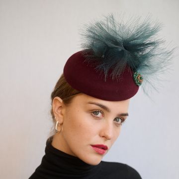 Burgundy Velour Felt with Crin Feather & Brooch