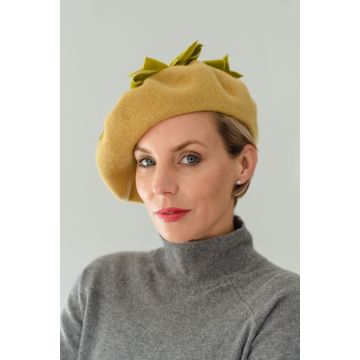 Sludge Green Felt Beret Velvet Bow