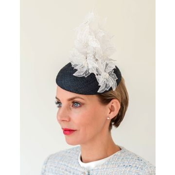 A V V Chapeaux Crow Blue straw percher hat with vintage handmade lace flowers.