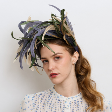 Shell Pebble and Hyacinth Blue Fendril Feather Headband