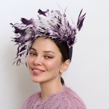 V V Chapeaux feather ruffle headband made from Ripe Plum coloured feathers.