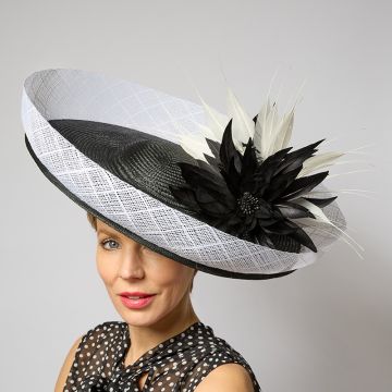 A V V Chapeaux Black straw hat with clotted cream plaited crin edge, feather mount and hand-cut feather flowers.