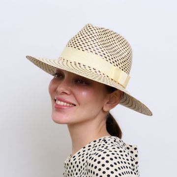 V V Chapeaux Black and Cream genuine ladies panama with V V Rouleaux ribbon and bow.