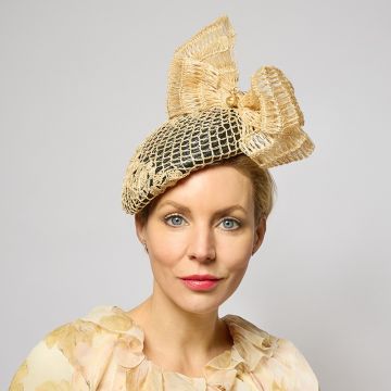 A V V Chapeaux Black percher hat in crochet floral weave straw with a hand-crochet bow and vintage swallow bird nest charm.
