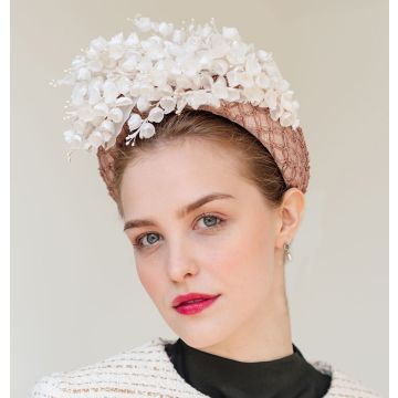 A V V Chapeaux Vintage blusher sinamay raised halo headband with  vintage lily of the valley flowers.