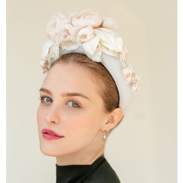 A V V Chapeaux Clotted Cream sinamay raised halo headband with handmade Pale Cream roses, petal drops and buds.