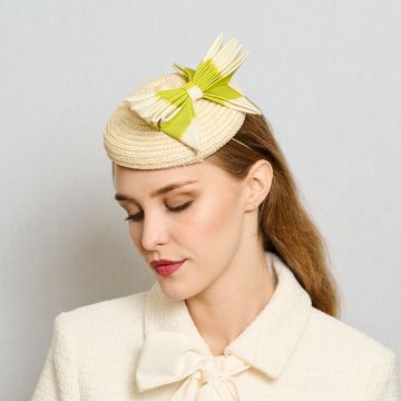 V V Chapeaux Clotted Cream straw raised dome Ascot Hat with a matching clotted cream and lime starfish bow in V V Rouleaux ombre grosgrain.