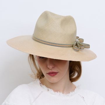 V V Chapeaux Cream Ladies Racing Panama with V V Rouleaux grosgrain ribbon band and bow.