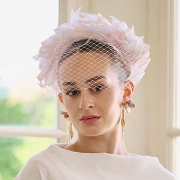 A V V Chapeaux Pale Azalea and White vintage hat with rolled petals, ribbon detail and Pale Azalea veiling.
