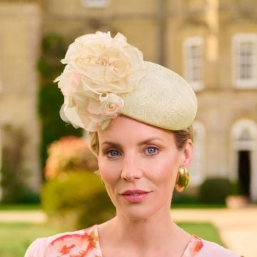 A V V Chapeaux Pale Lemon straw hand-blocked percher hat with vintage organdy and silk roses edged with Pale Azalea.

