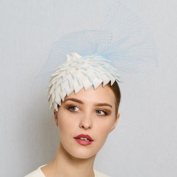 V V Chapeaux  vintage hand-pleated organdy percher hat with hand-painted Pale Lobelia tips and veiling.