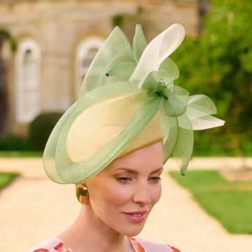 A V V Chapeaux Crocus Stamen straw hand-blocked side percher hat with Nicotiana Green crin swirls, Pale Slate crin bows and vintage ombré beads.
