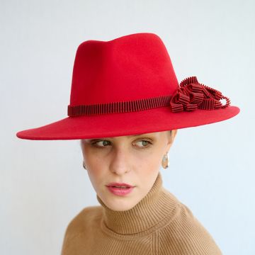 Post Box Red Trilby with Pleated Shot Ribbon and Bow
