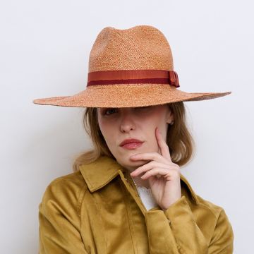 V V Chapeaux Goodwood Sunset light red genuine panama with V V Rouleaux ombre grosgrain.
