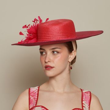 A V V Chapeaux Sissinghurst Pink and Post Box Red fine straw hat with a hand-cut Sissinghurst Pink feather pom.