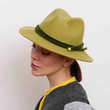 A V V Chapeaux felt Italian Sludge Green trilby with a double piped velvet band detailled with matching gem stone tips.