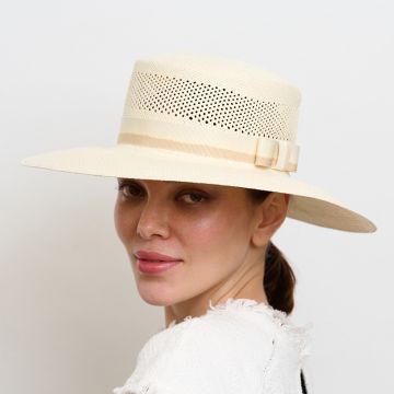 V V Chapeaux cream Wimbledon Straw Panana with V V Rouleaux ombre ribbon band and bow.