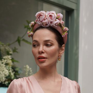 V V Chapeaux Vintage blusher sinamay raised halo hat with handmade pale pink roses, buds and cascading petal drops.