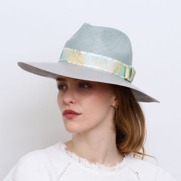 V V Chapeaux Pale Blue Genuine Panama with V V Rouleaux Frill Edge Ribbon.