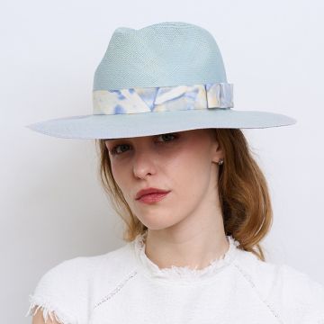 V V Chapeaux genuine Vence panama in pale blue with a  V V Rouleaux band and bow.