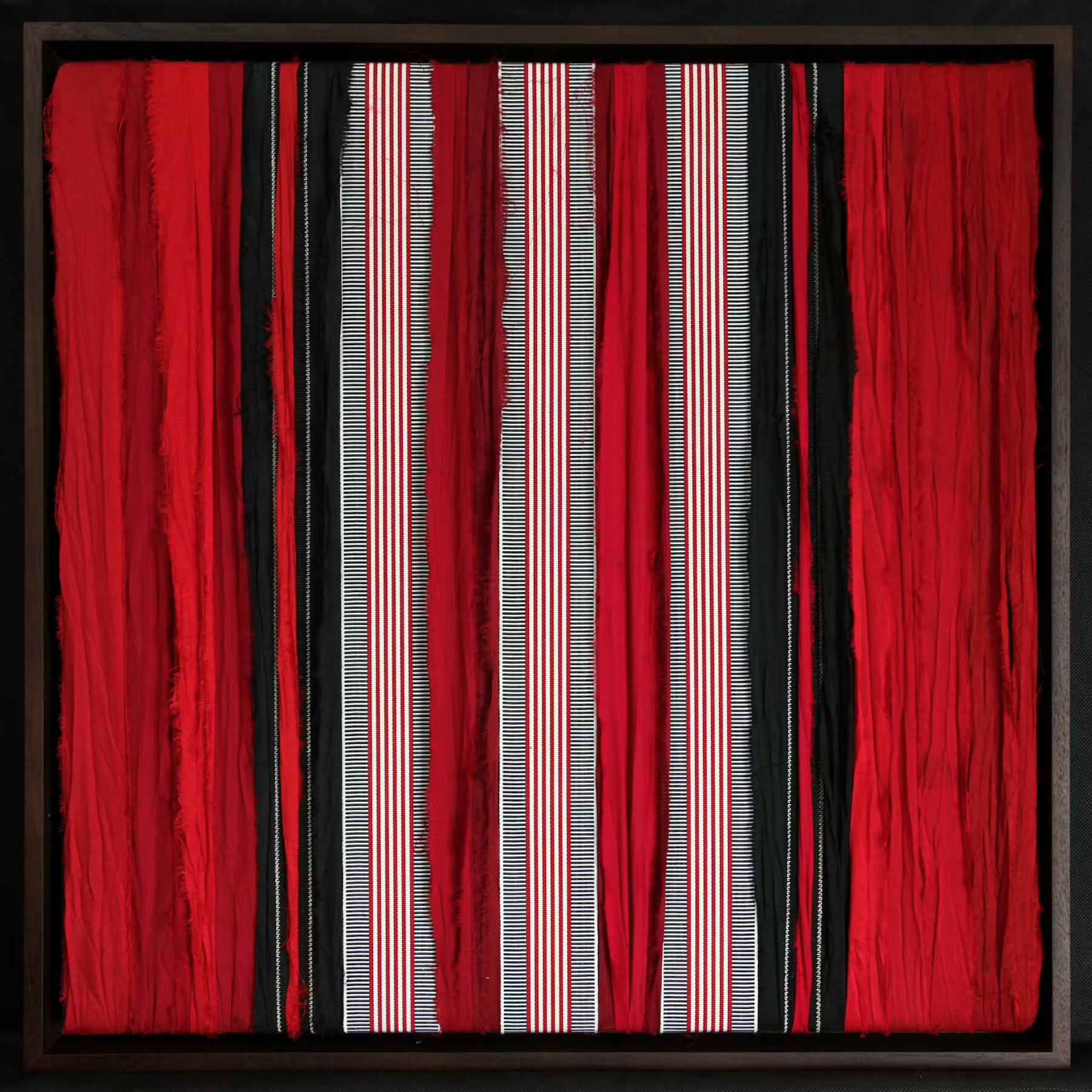Ruby Slippers Striped Cotton Grosgrain Ribbon is a 50mm wide luxurious red, charcoal black, and white striped ribbon. 